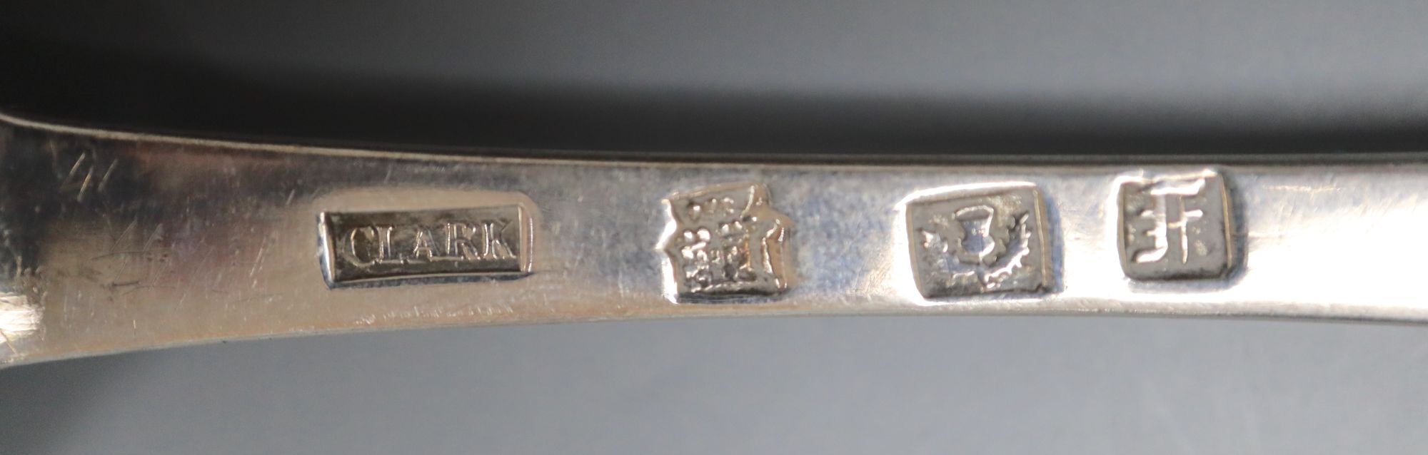 A pair of early George III Scottish silver Hanovarian pattern berry spoons, John Clark, Edinburgh, 1760, 21.5cm, 149 grams.